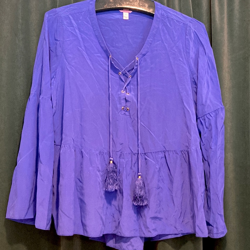 PREPPY LILLY PULITZER 100% SILK COBALT BLUE BOHO PEASANT BLOUSE W TASSELS L GUC